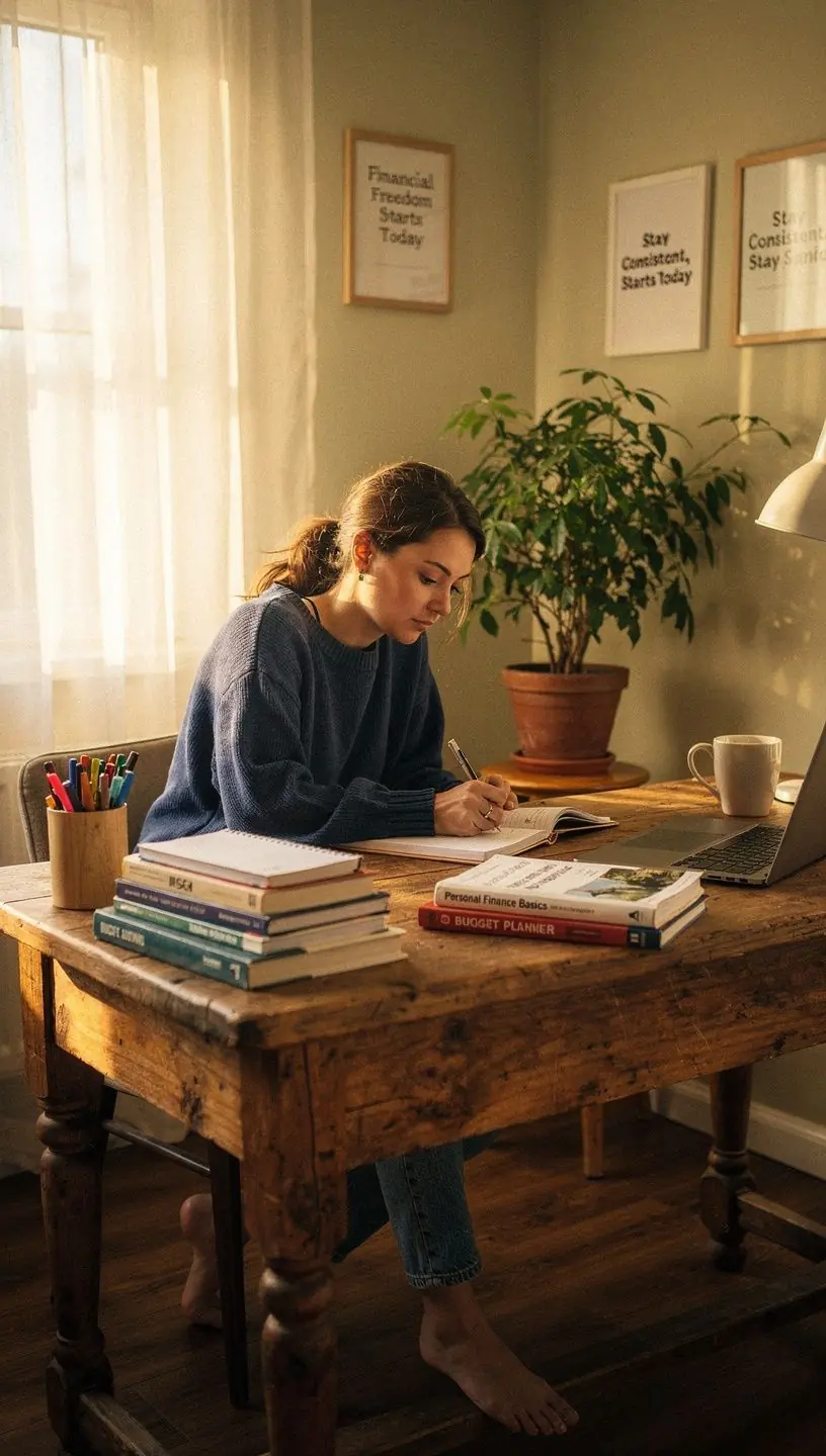 Osoba przeglądająca miesięczny budżet na laptopie z kubkiem kawy obok.